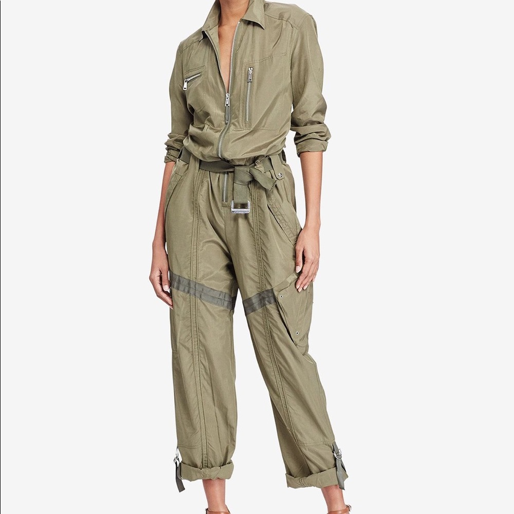 olive green silk blend jumpsuit
